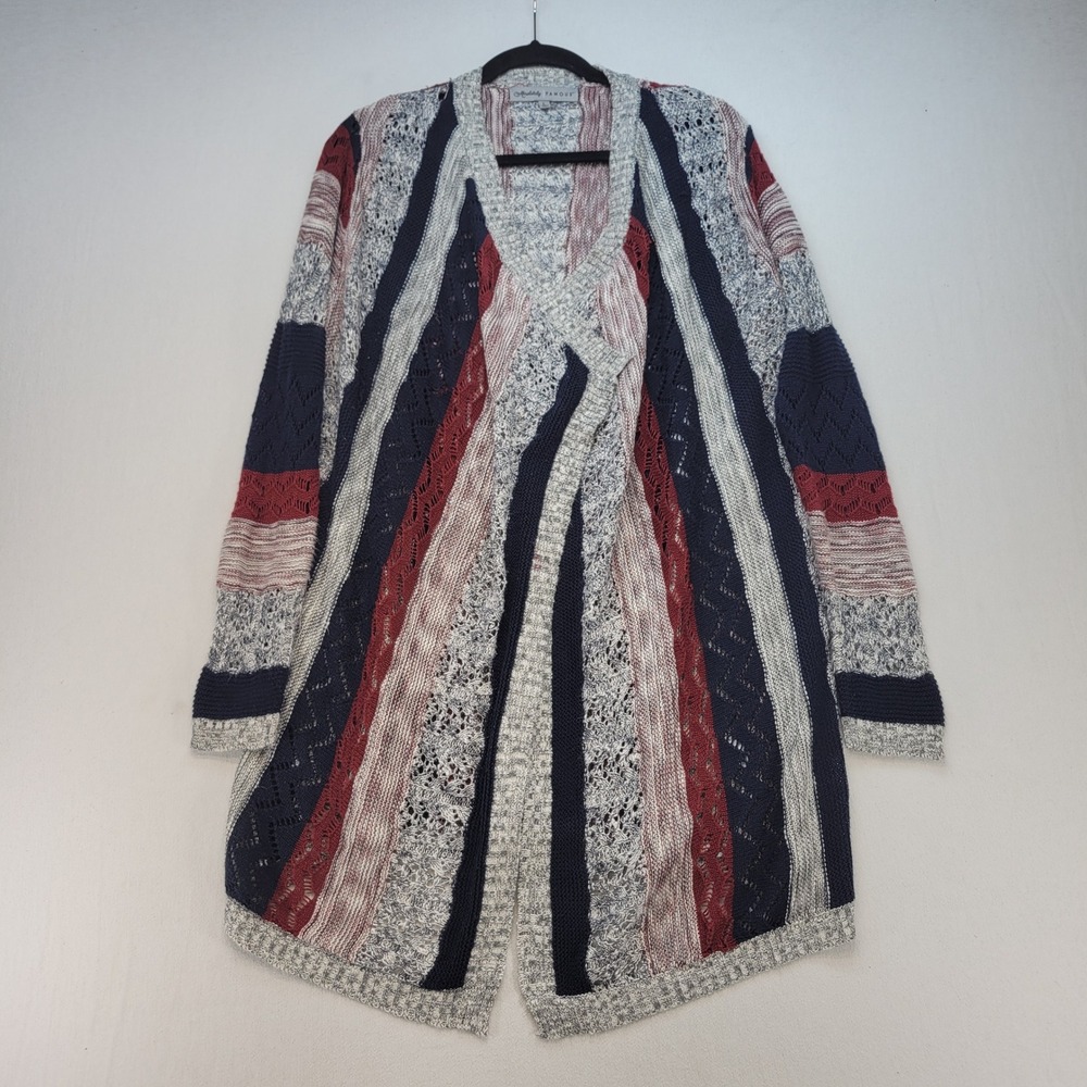 Absolutely Famous Cardigan Women L Gray Striped Boho Open Front Pointelle Knit